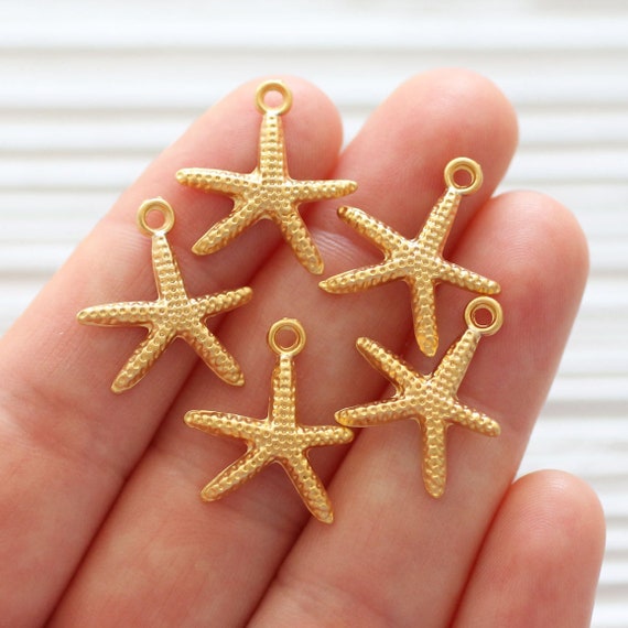 10pc gold starfish charm, starfish, bracelet sea charms, star charm gold, hammered beads, earring charms dangle, star, metal gold sea beads