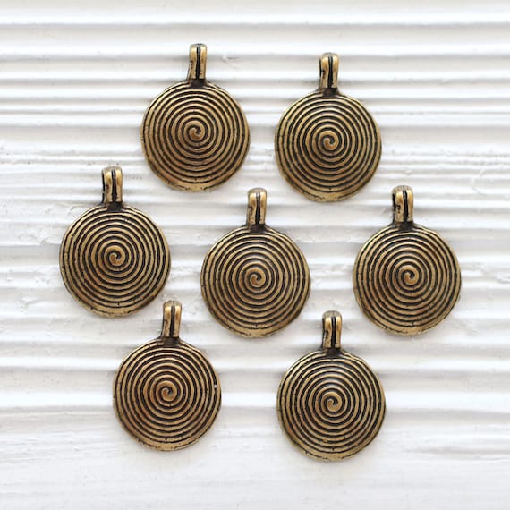 5pc spiral pendant charm, spiral dangle earrings charm, antique gold charms, round pendant charm, large hole charm pendant, spiral