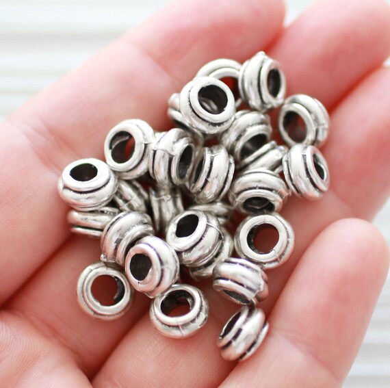 10pc rondelle beads silver, round barrel beads, silver tube beads, slider beads, rustic, large hole necklace beads, bracelet bead spacers