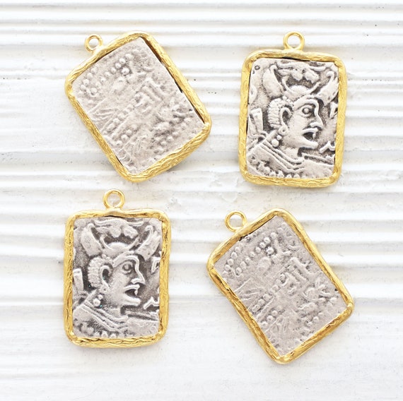 Rectangular coin pendant, earrings coin charm, gold bezel silver coin pendant, coin charm gold, dangles, replica Greek coins, ancient coin