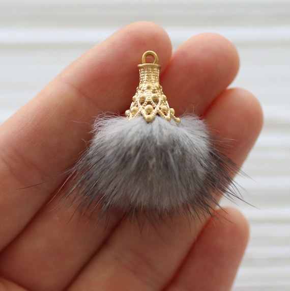 Gray melange faux fur pom pom tassel, pom pom keychain tassel, grey pom pom, pom pom earrings tassel, jewelry pom pom w gold cap,dangles,N37