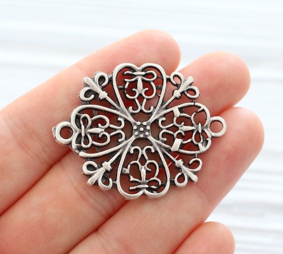 Filigree connector, round filigree pendant, filigree medallion, filigree findings, large silver connector, tribal connector, metal connector