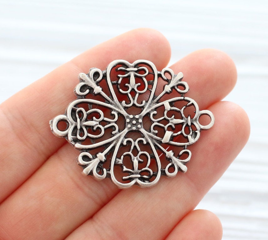 Filigree connector, round filigree pendant, filigree medallion, filigree  findings, large silver connector, tribal connector, metal connector