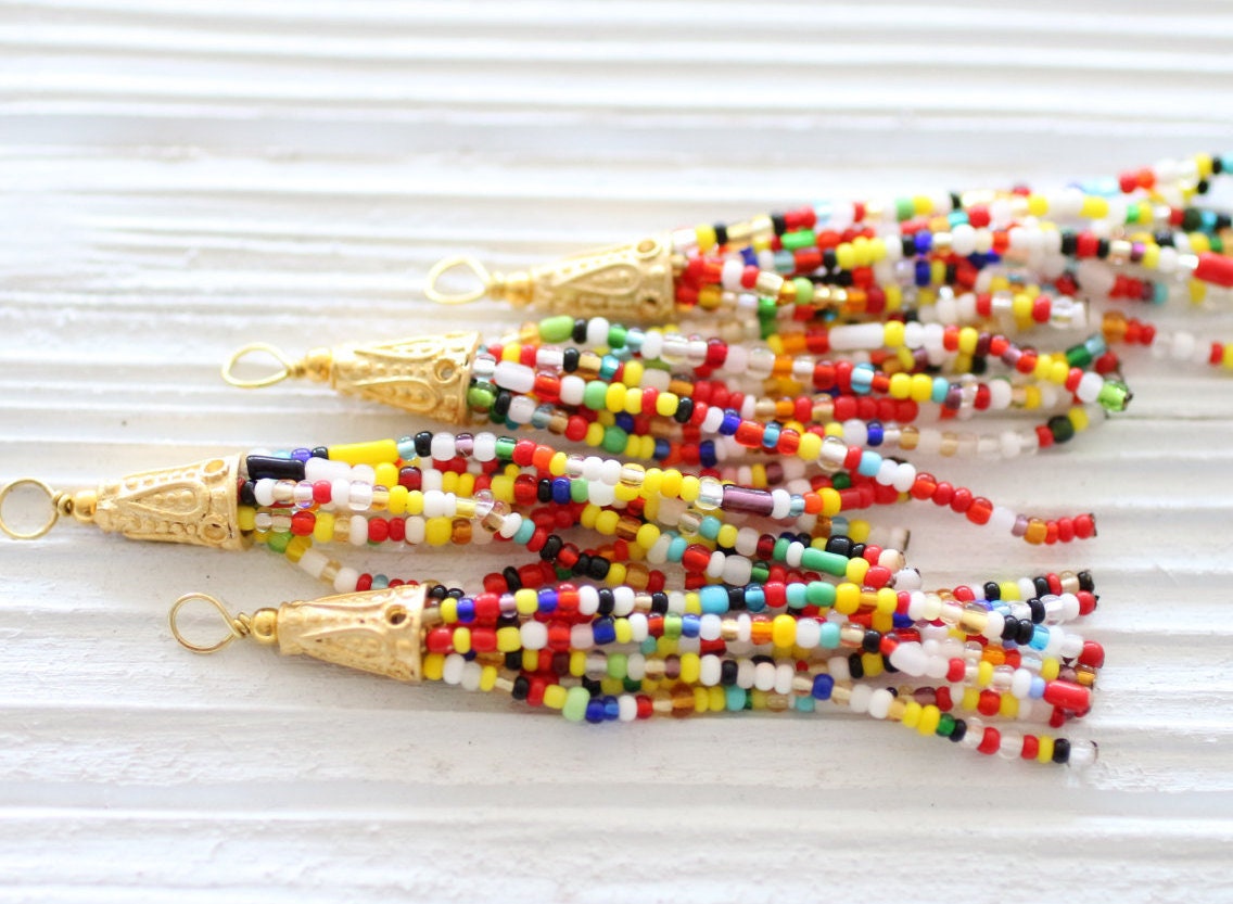 Multicolor beaded tassel, seed bead tassel, multicolor gold cap tassel