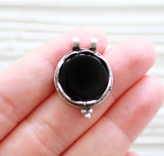 Silver bezel round pendant with black glass center piece, double loop unique silver focal piece