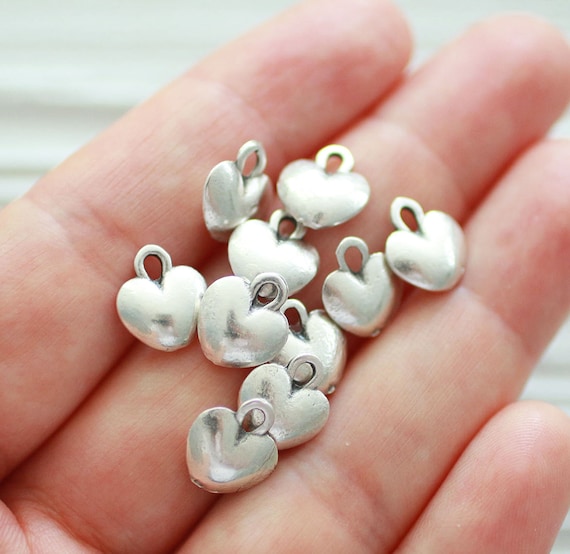 10pc heart charms silver, cozy charms for necklace, bracelet and earrings, silver charms for jewelry making, diy jewelry findings