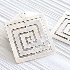 Square pendant silver, geometric pendant, spiral pendant, large pendants, unique pendant, rustic pendant, large metal pendant, square image 4