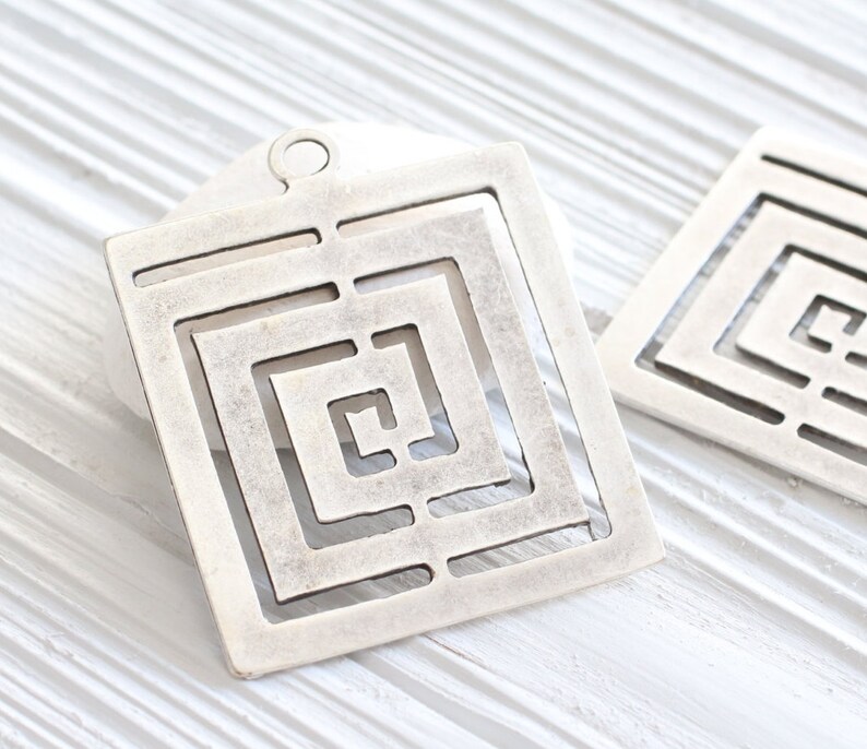 Square pendant silver, geometric pendant, spiral pendant, large pendants, unique pendant, rustic pendant, large metal pendant, square image 4