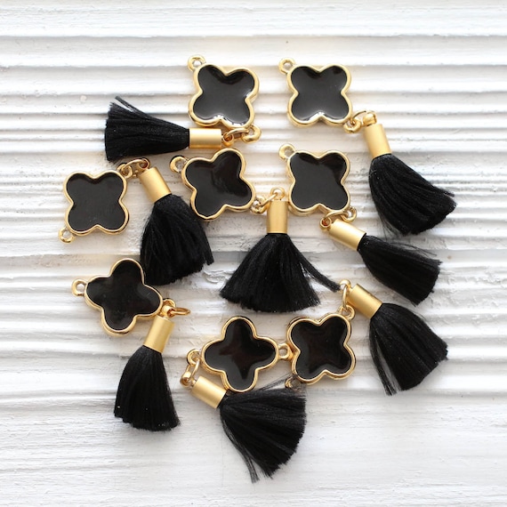 Black tassel pendant with enamel charm, enamel pendant, earrings dangle, black findings, flower, black tassel, black jewelry, enamel pendant