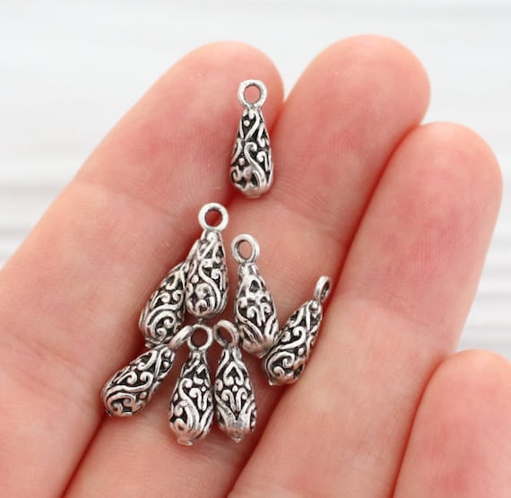 10pc silver filigree teardrop charm, filigree beads, teardrop beads, silver tribal charms, dangle charms, bracelet earring charms,drop charm