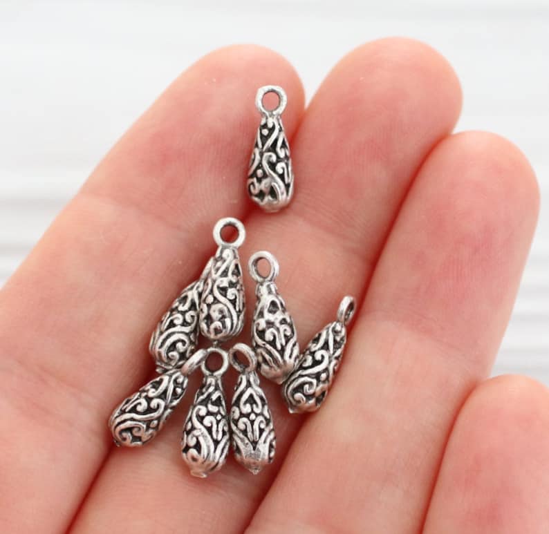 10pc silver filigree teardrop charm, filigree beads, teardrop beads, silver tribal charms, dangle charms, bracelet earring charms,drop charm image 1