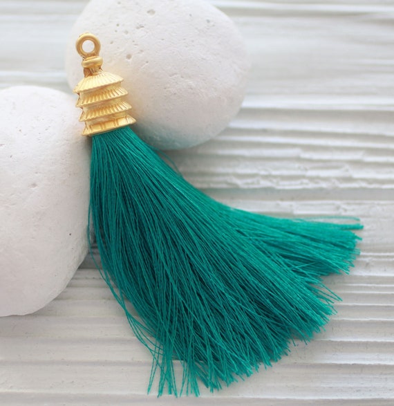 Teal tassel, keychain tassel, tassel with gold cap, tassel pendant, decorative tassel, silk tassel, necklace tassel, pagoda cap tassel, N36