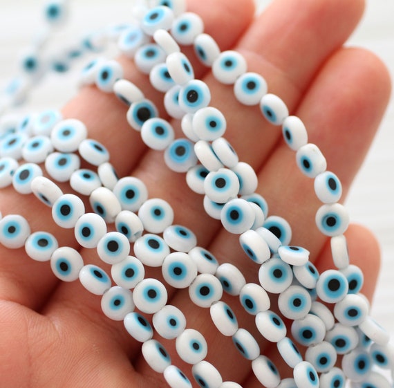 15", 65pc, 6mm white evil eye beads, flat evil eye glass beads, lamp work beads, white evil eye, round evil eye beads,DIY bracelet beads,EE6