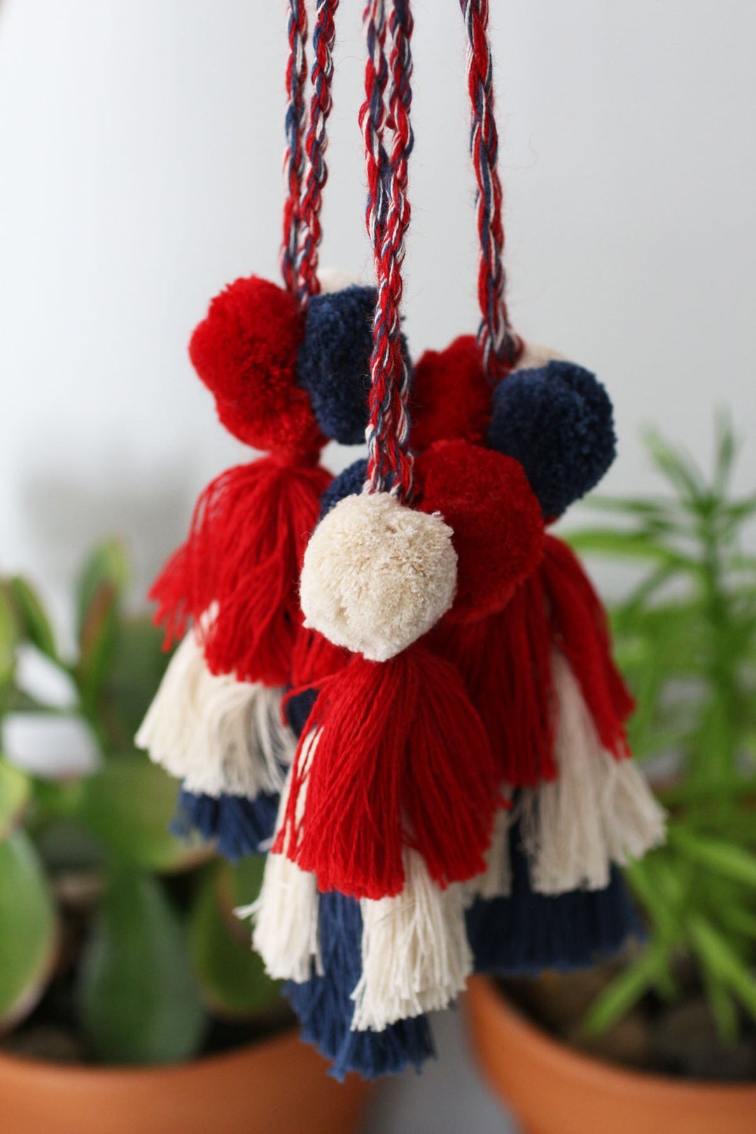 Red Pom Pom Tassel, Purse Charm, Navy, Beige, Pom Poms Tassel Bag Charm