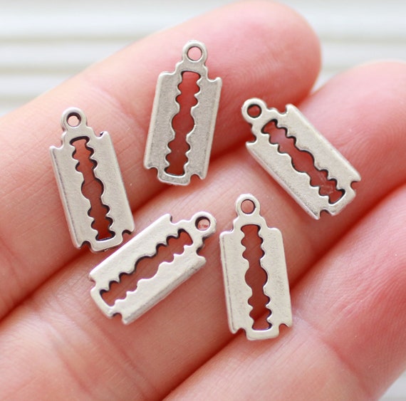5pc razor blade charms, unique silver charms, silver dangles, earrings, bracelet, necklace charms