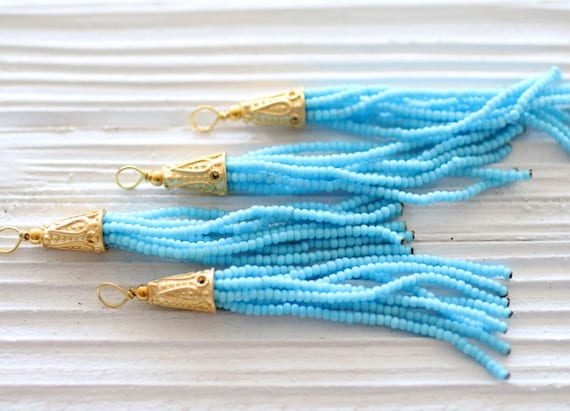 Turquoise blue beaded tassel, blue seed bead tassel, gold cap tassel, short bead tassel,jewelry tassels,bead tassel,earrings necklace tassel