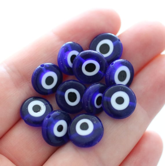15", 30pc, 12mm evil eye beads, flat evil eye glass beads, lamp work beads, navy blue, round evil eye beads, necklace bracelet beads, EE12