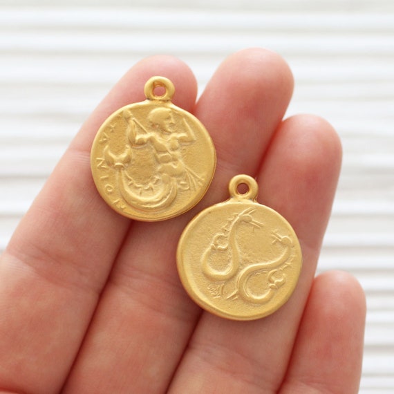 2pc Greek coin charms, gold coin pendant, gold coin dangles, earrings dangle, replica Greek coins, coin pendant gold, ancient coin charms