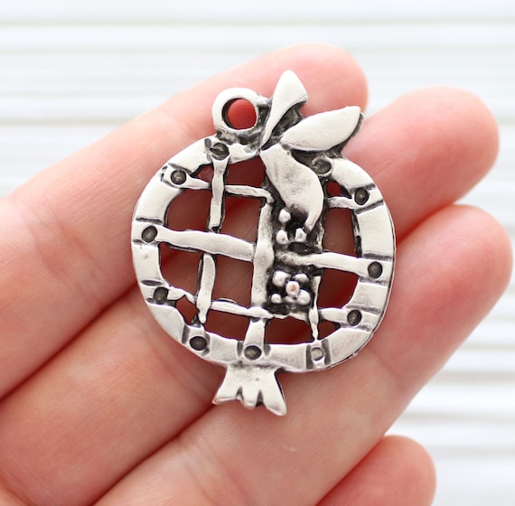 Pomegranate pendant, pomegranate jewelry connector, silver pomegranate charm, rustic pomegranate, fruit pendant, decorative findings