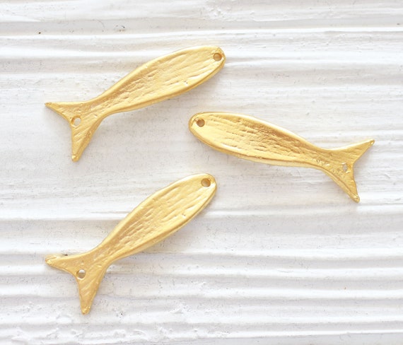 3pc fish charms gold, sea charms, fish connector for bracelets, earring charms, animal charms, gold fish findings, necklace focal connector