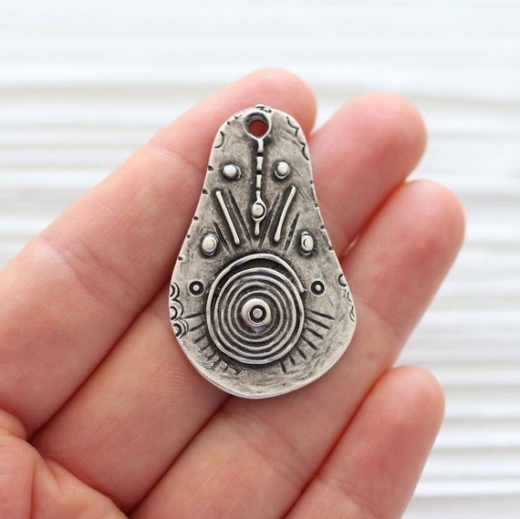 Spiral earrings dangle, spiral pendant, tribal pendant, antique silver teardrop pendant, silver findings, hammered metal pendant, tear drop