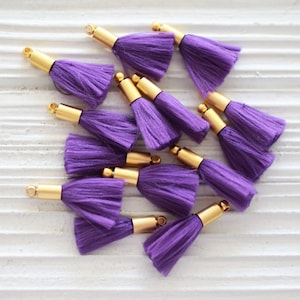 Peut inclure: Un groupe de dix glands en fourrure violette avec des embouts en métal doré. Les glands sont faits de fibres douces et moelleuses et sont parfaits pour ajouter une touche d'élégance à tout projet.
