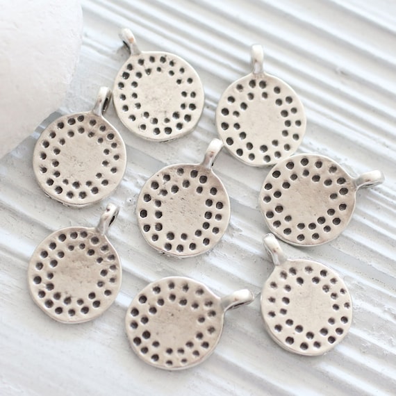 5pc hammered charm pendant, large silver charms, tribal charms, round disc charm, bracelet charms, earrings dangle, large hole silver beads