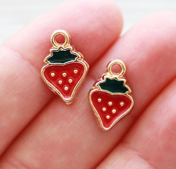 2pc strawberry charms, necklace, bracelet, earrings Summer charm, enamel fruit dangle, strawberry mini pendant