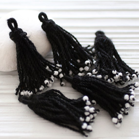 Black tassel with white glass beads, earrings tassel, tassel pendant, black and white tassel, black tassel, necklace tassel, cotton mix, N8