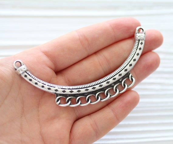 Crescent moon pendant, multi strand connector, tribal crescent connector, metal collar, crescent silver, rustic pendant, bar connector