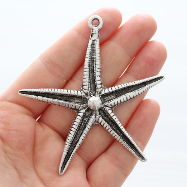 Starfish silver, large starfish pendant, large pendants, sea pendants, hammered pendant, large silver star pendant, focal star pendant, L