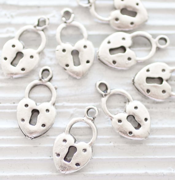 10pc heart charms with key hole, heart padlock charm silver, bracelet charms, earring charms, silver charms, large charms, necklace charms