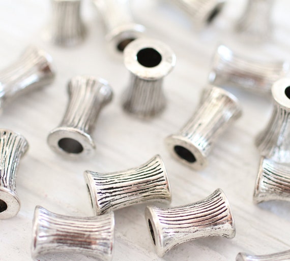 5pc large silver beads, tube beads, large hole rondelle, bracelet beads, metal beads, barrel beads, bead spacers, tribal beads, spacer beads