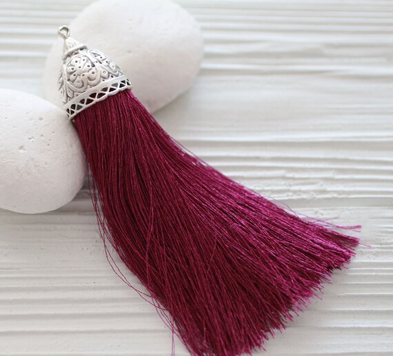 Extra large plum silk tassel with rustic silver tassel cap, thick purple tassel, silk tassels, decorative, necklace tassel pendant, N21