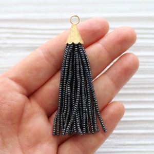 Dark gray glittery beaded tassel, short tassel, earrings tassel, grey, bead tassel, gold cap tassel, necklace tassel, decorative, smoke, N22 zdjęcie 4