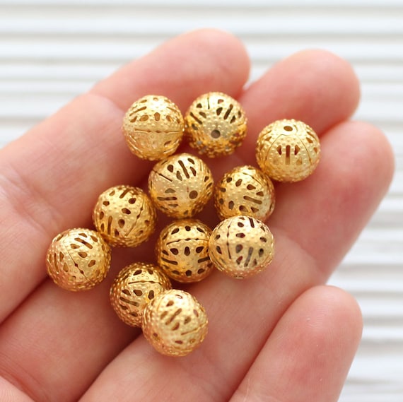 10pc round filigree gold metal beads, filigree gold beads, textured beads, necklace beads, matte gold beads, round gold beads, ball beads, M