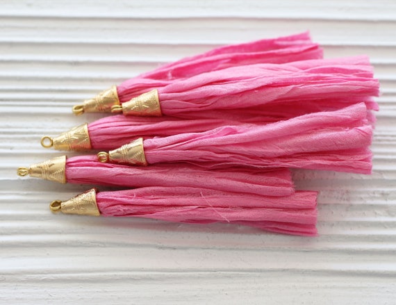 Pink sari silk tassel, large silk tassel, tassel with gold cap, decorative, earrings tassel, necklace tassel, jewelry tassel, hot pink, N49