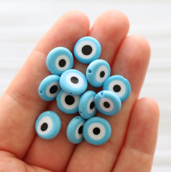 15", 30pc, 12mm turquoise evil eye, round evil eye beads, glass beads, DIY beads, flat glass beads, large evil eye, good luck beads, EE12