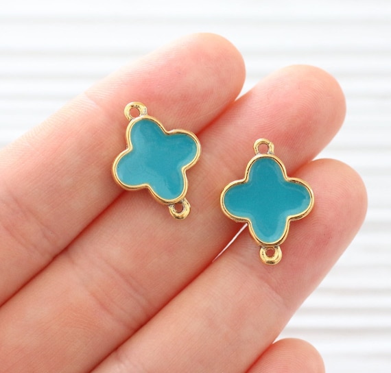 2pc turquoise enamel charm connector, enamel jewelry, earring dangle, blue enamel pendant, gold flower jewelry connectors, turquoise blue