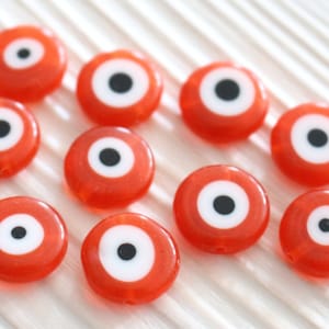 15&quot;, 30pc, 12mm orange evil eye, glass beads, round glass beads, lamp work beads, evil eye beads, flat glass beads, evil eye, good luck,EE12