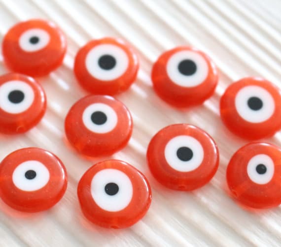 15", 30pc, 12mm orange evil eye, glass beads, round glass beads, lamp work beads, evil eye beads, flat glass beads, evil eye, good luck,EE12