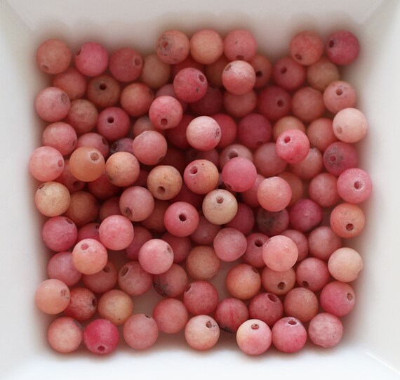 50pc, 6mm pink jade beads, pink gemstone beads, semi precious gemstones, loose gemstones, necklace beads, bracelet beads, marbled