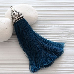 Extra large denim blue silk tassel with rustic silver cap, silk tassel, tassel, tassel pendant, navy tassel, tassels, necklace tassel, N54