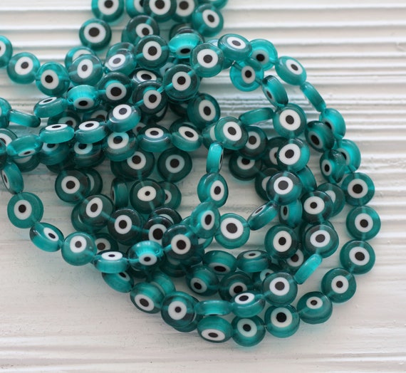 15", 36pc, 10mm teal evil eye beads, flat glass beads, lamp work beads, teal green blue evil eye, round glass beads, DIY evil eye beads,EE10