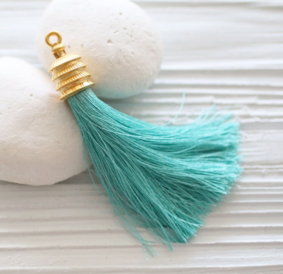 Greenish blue cyan gold cap silk tassel, silk tassel, aqua, caribbean blue, mala tassel, tassel pendant, light misty teal,sea blue,N46