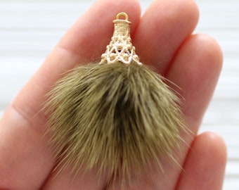 Olive green faux fur pom pom tassel, pom pom keychain tassel, green pom pom earrings tassel, gold cap necklace tassel, purse tassel, N20
