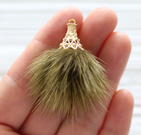 Olive green faux fur pom pom tassel, pom pom keychain tassel, green pom pom earrings tassel, gold cap necklace tassel, purse tassel, N20