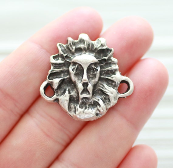 Lion pendant with mane, silver lion pendant connector, skull with mane, silver Halloween pendant, silver animal connector