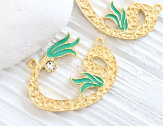 Green enamel flower pendant, gold crescent moon, crescent pendant, large gold connector, flower connector, tulip pendant, crescent connector