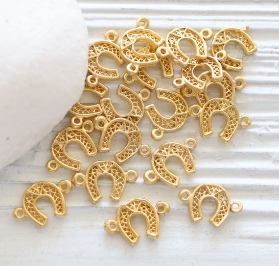 5pc filigree horseshoe charm, horseshoe connect charm,  lucky charms, horse shoe, gold charm connector, gold filigree findings, gold beads